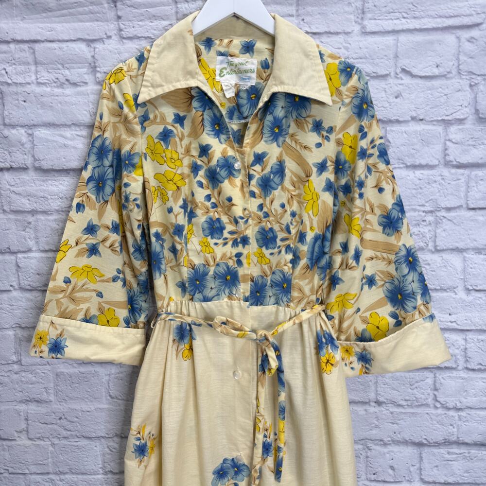 Vintage The Great Entertainers Sears Dress 70s Floral Belt Beige Size S Button - Picture 3 of 8
